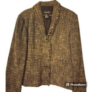 - Requirements wool blend tweed blazer with frayed hem line